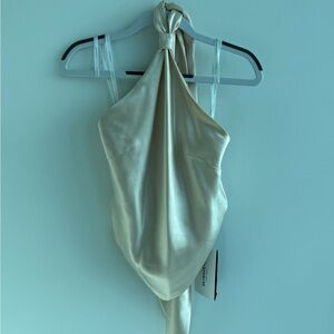 Retrofete Cream Satin Halter Draped Top
